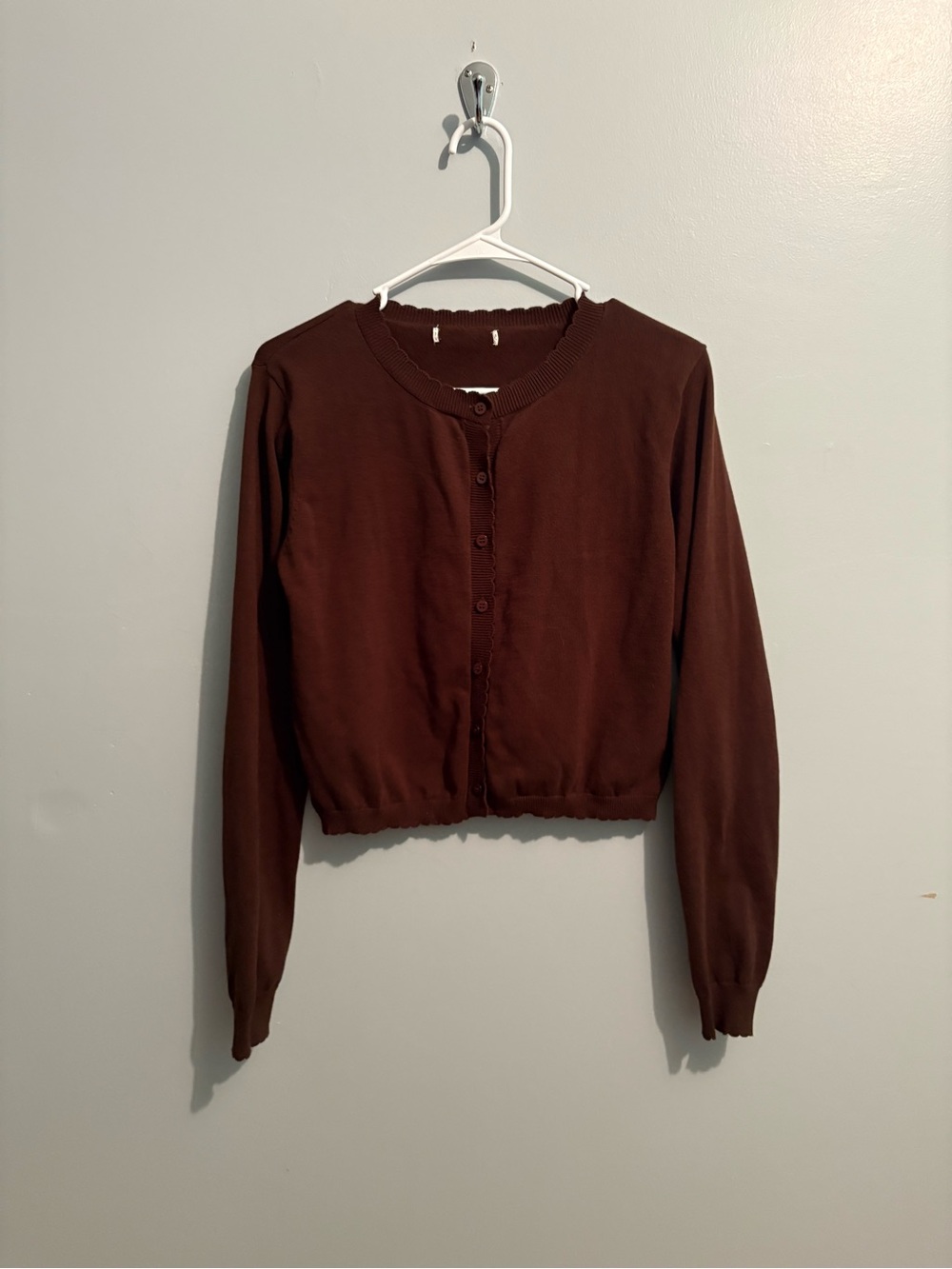 Chocolate Brown Cropped Button-Front Cardigan Scalloped Hem Women’s Size Small - Picture 3 of 8